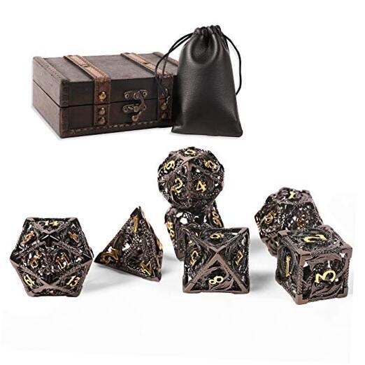 AncientDeer DND Dice Set 7 Pieces D&D Pure Copper Hollow Polyhedral Black Gold