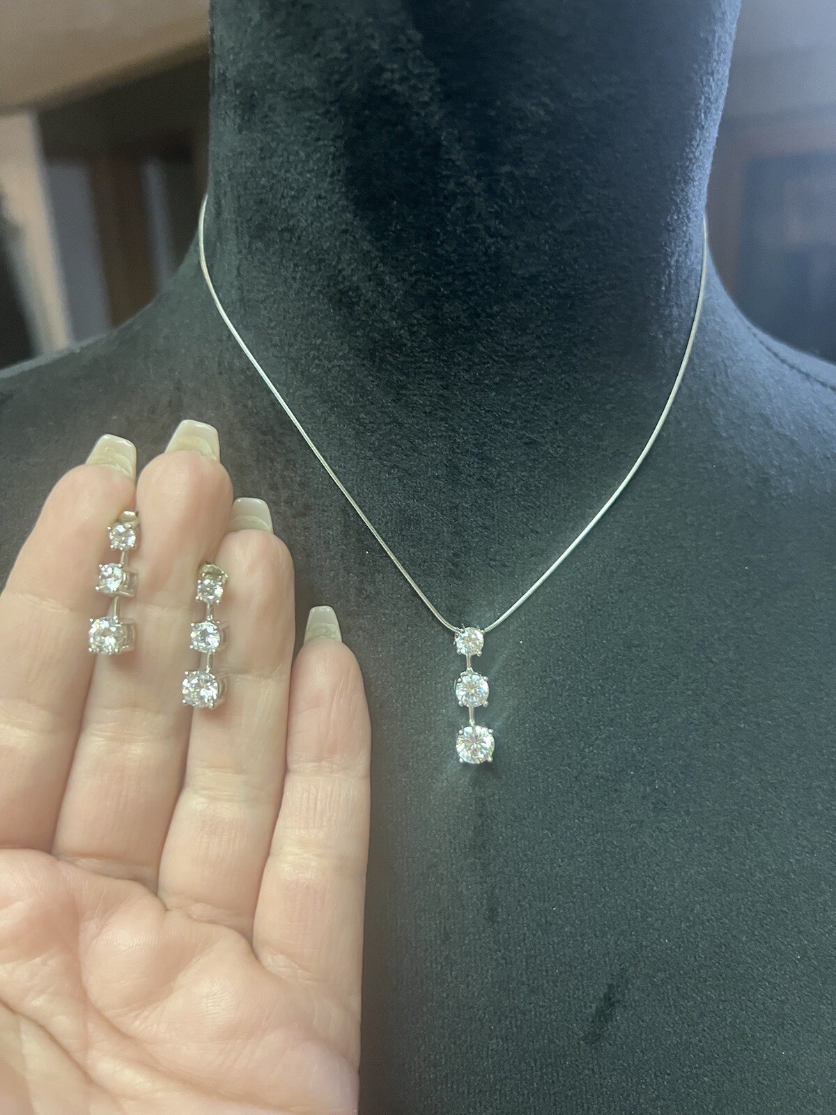 Unsigned Clear Stone Dangle Three Stone Crystal P… - image 1