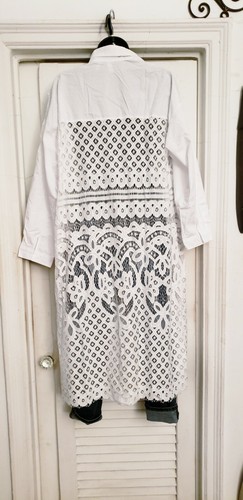 Women's White Lapel Hollow Crochet Long Sleeve Button Down Loose Shirt Dress. OS - 第 10/11 張圖片