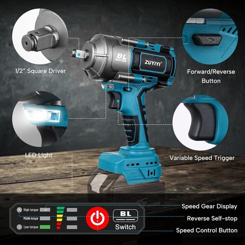 1000N.M(738Ft-Lbs) Cordless Impact Wrench High Torque, 1/2" Power Impact Gun for - Picture 5 of 6
