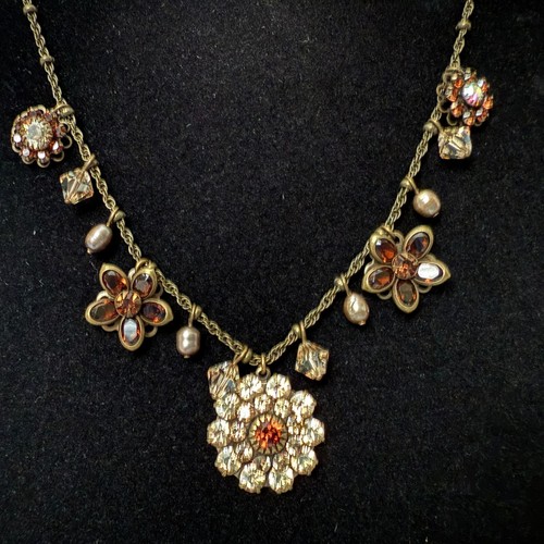 Liz Palacios SF Swarovski Kristall Antik Goldfarben Floral Halskette Braun Bernstein - Bild 2 von 10