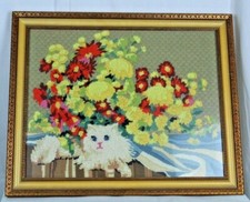 Vtg Cat Kitty Kitten Flowers Floral Needlepoint Tapestry Gold Professional Frame
