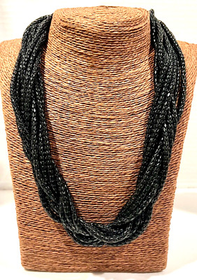 Vtg Black Rope Bead Torsade Multistrand Boho Style Adjustable Length Necklace