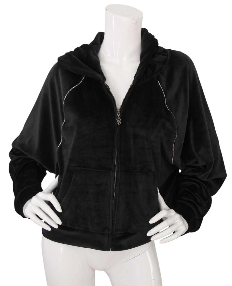 トップス 00s fur Velor track jacket black Y2K Victorias Secret On Point Black Velour Zip Jacket Size XL