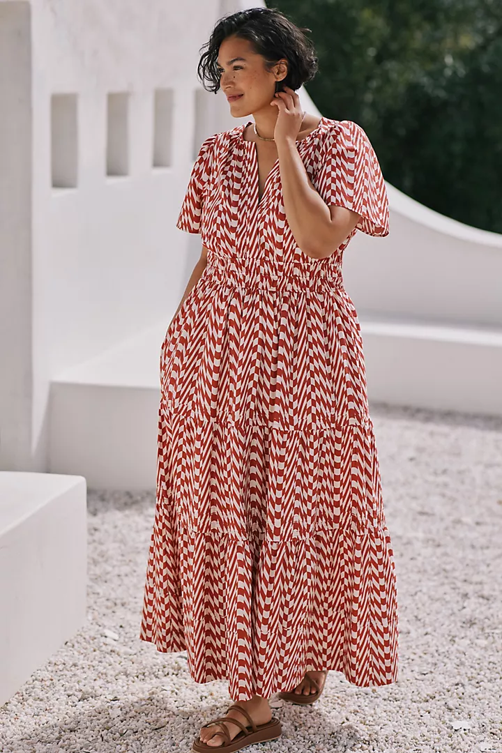 NWT Anthropologie Rose Red Geometric Striped The Somerset Maxi