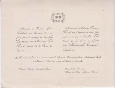 *1920 Hochzeitsurkunde Fred RUNEL & Christiane BELLIARD Terraube Lectoure Gers