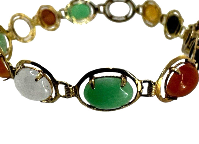 Solid 14K Yellow Gold Multi Colored Jade Cabochon… - image 2