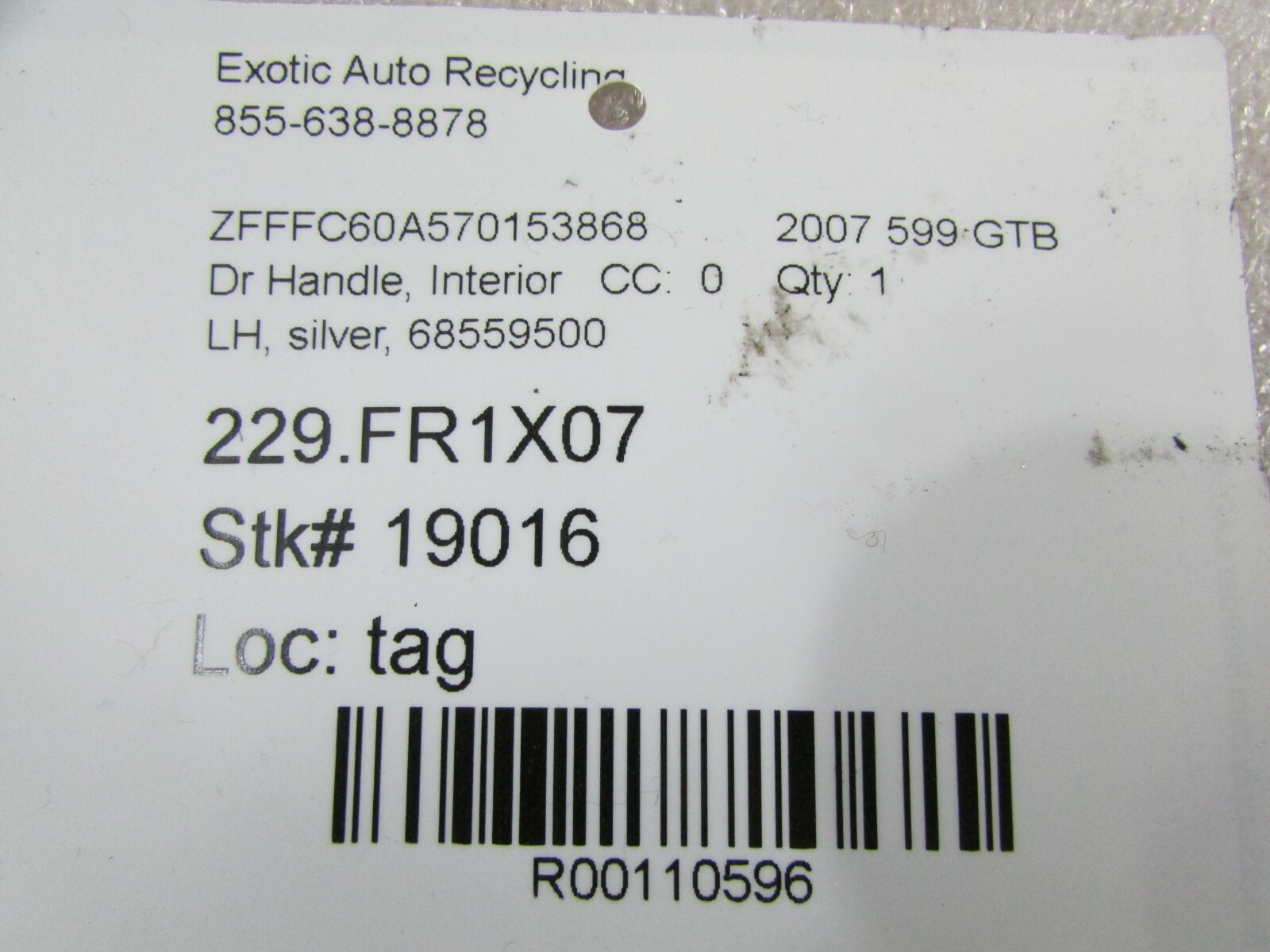 Ferrari 599 GTB, LH, Left, Interior Door Handle, Used, P/N 68559500