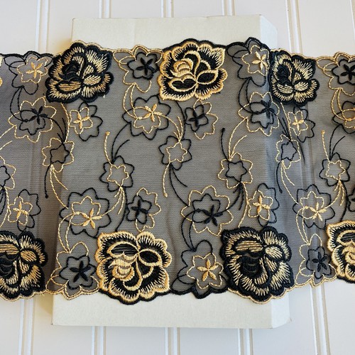 Black & Yellow Embroidered Double-edged Lace Trim/ Sewing/Crafts/Bridal/7" Wide - Picture 5 of 12