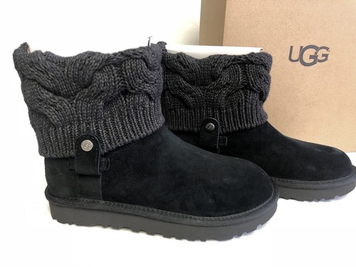 UGG Australia SAELA Knit Suede Cable Sheepskin Black BOOTS 1019014 Damen - Bild 4 von 12