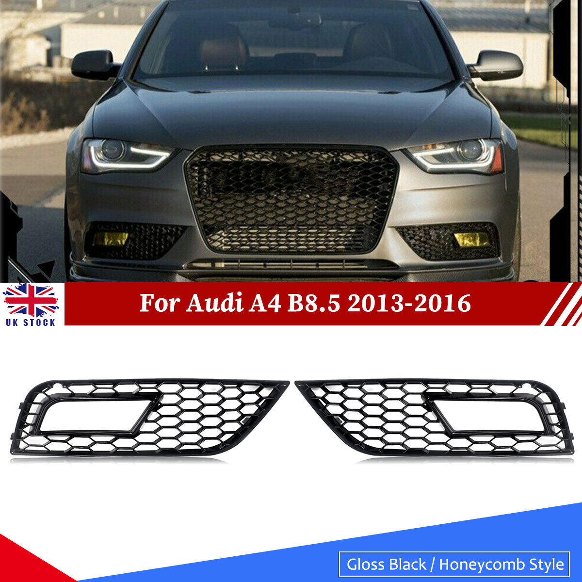 For Audi A4 B8.5 2013-2016 Black Honeycomb Style Front Fog Light Grille Cover