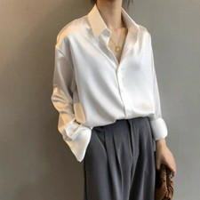 Tops Long Sleeve Blouse Faux Satin Silk Shirt Fashion Sheer Solid Plus Size Wome