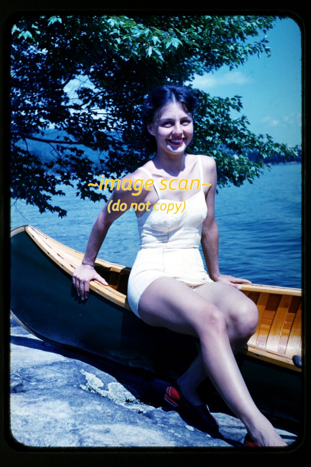 Pretty Woman in Bathing Suit w/ Canoe in mid 1950's, Kodachrome Slide