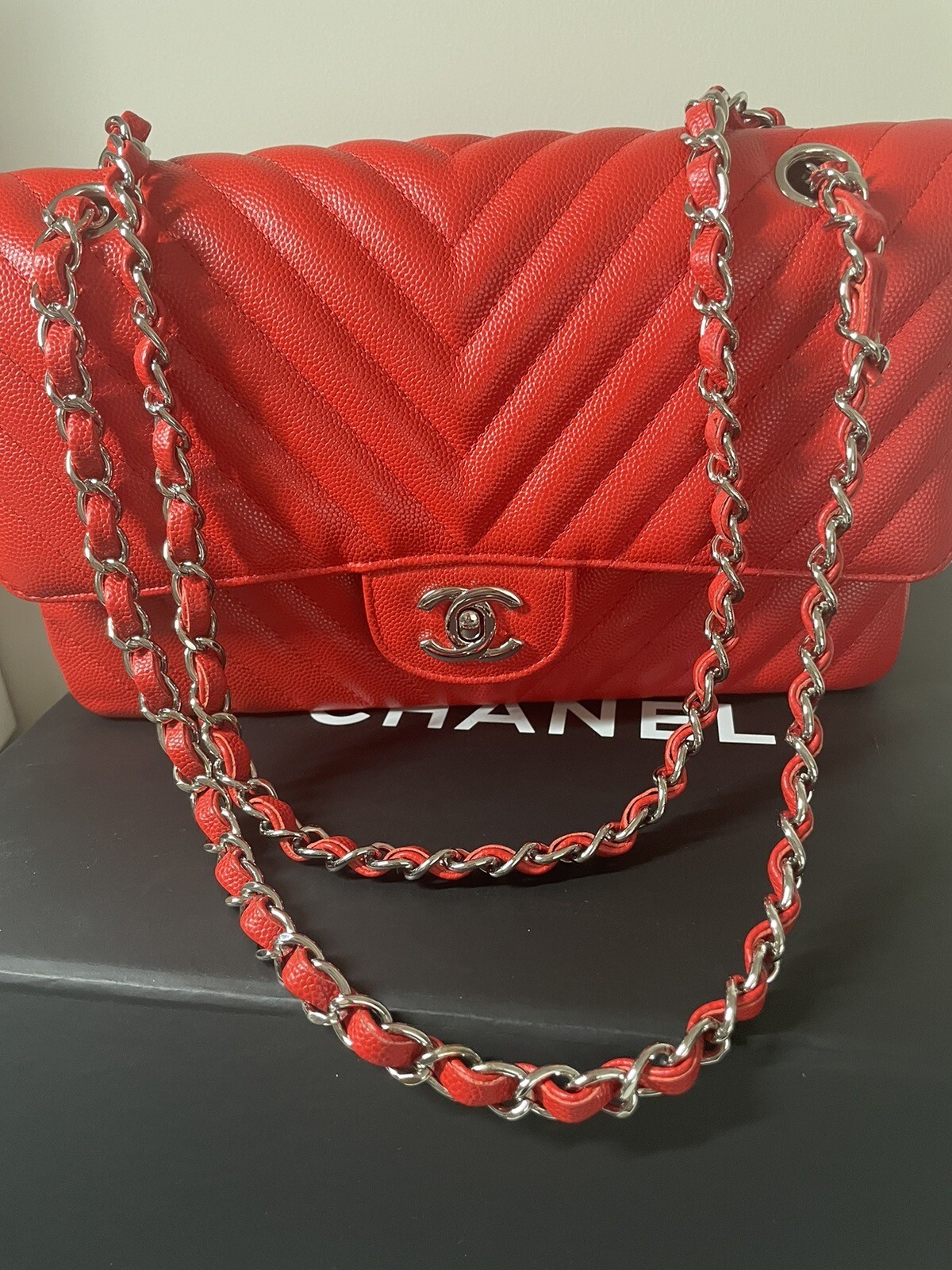 Authentic Chanel Coral Caviar Leather Chevron 10" Medium Double Flap Classic Bag image 2