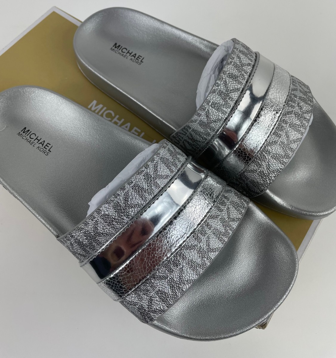 Michael Kors Brandy Metallic MK Sig SM Striped Logo Slide Sandal - Silver -  New | eBay UK