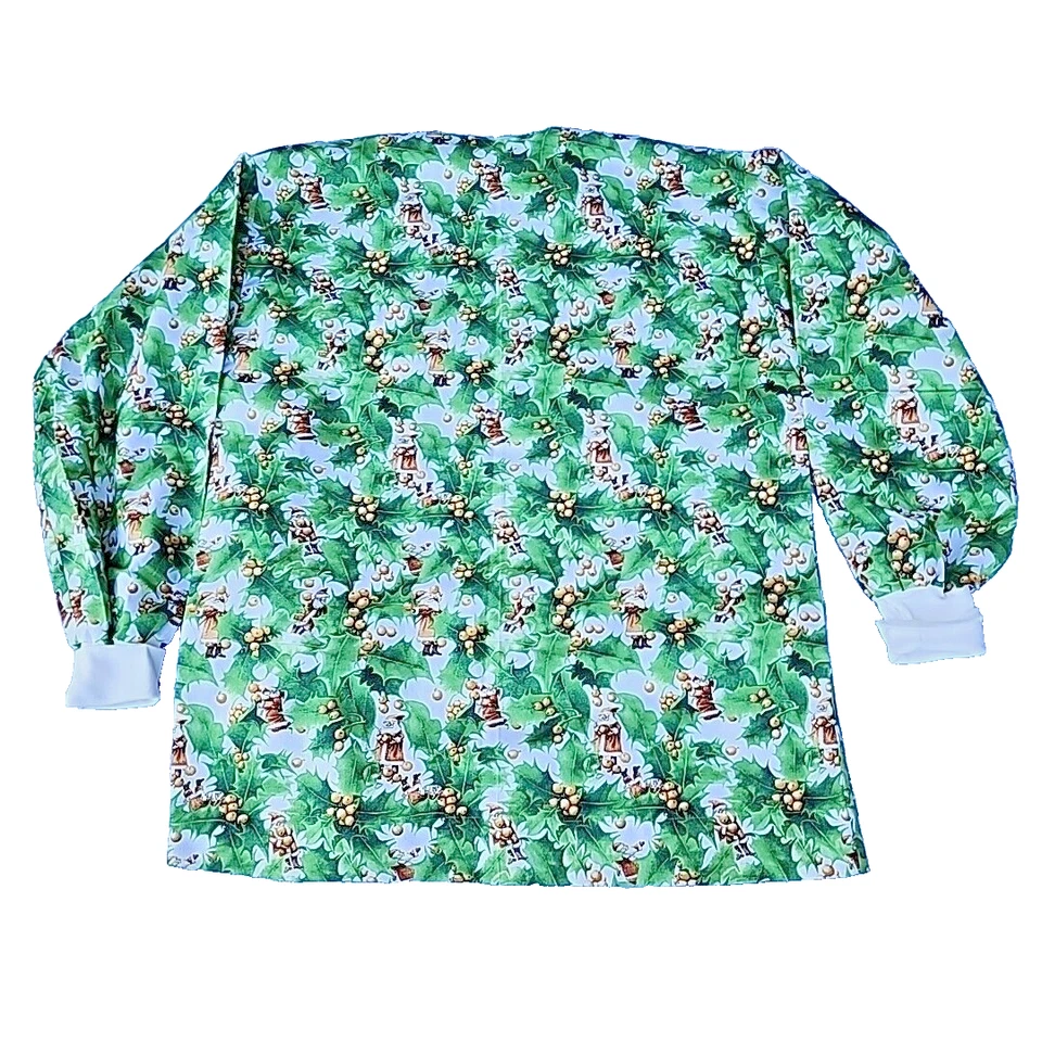 Women's Green Leaf & Santa Print 100% Cotton Open Front Scrub Jacket Top Sz M - Image 2 of 4