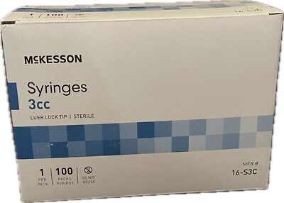 McKesson 100 count 3mL (3cc) sterile luer lock syringes. Syringe only, no needle