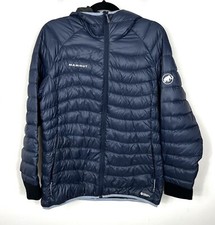 Mammut Women’s Down Puffer Jacket Size Large Blue Zip Up Hooded Pertex Quantum