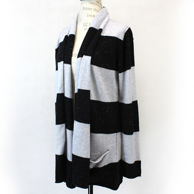 New Pure Amici 2ply 100% Cashmere Black/Grey Striped Open Cardigan Sweater Large