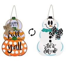 Fall Door Sign Reversible Pumpkin Snowman Wood Door Hanger Happy Fall Y'all L...