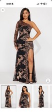 Black Gold One-Shoulder Floral Lace Formal Gown with Side Slit