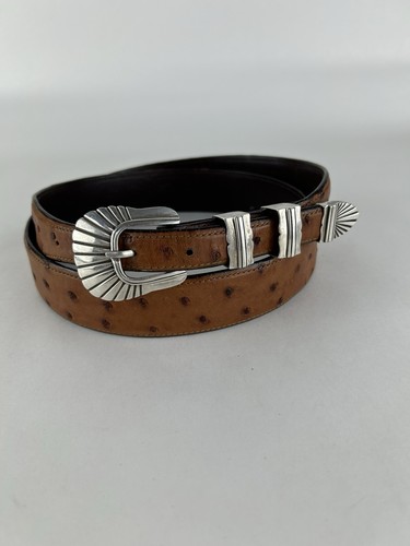 Alexanders Buckle Set Sterling Silver, 1995, Tan Ostrich Leather Belt Sz 42