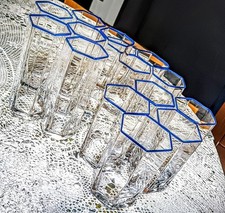 Set Bicchieri Esagonali Murano - Design Carlo Scarpa per Venini - Bordo Blu - 