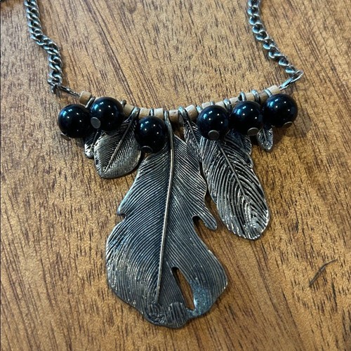 Boho Vintage Tribal Western Silver Feather Necklace with Black Beads