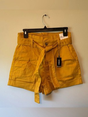 Express Shortie Super High Rise High-Waist Tie-Belt Shorts in Mustard Yellow, 4