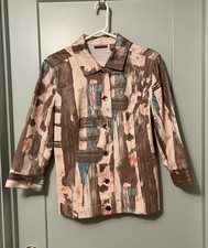 Vtg Chico s Art-to-Wear Jacket Linen Blend Peach Turquoise Button Up Sz 2 Large