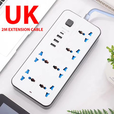 2M Extension Lead Power Switch Extension Cord With USB Slots 2500W UK Plug 6Gang