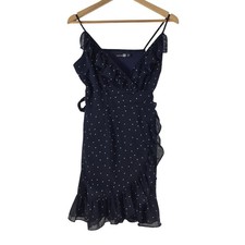 Boohoo Dress Womens 10 Blue Polka Dot V Neck Strappy Wrap Mini Ruffle 133099