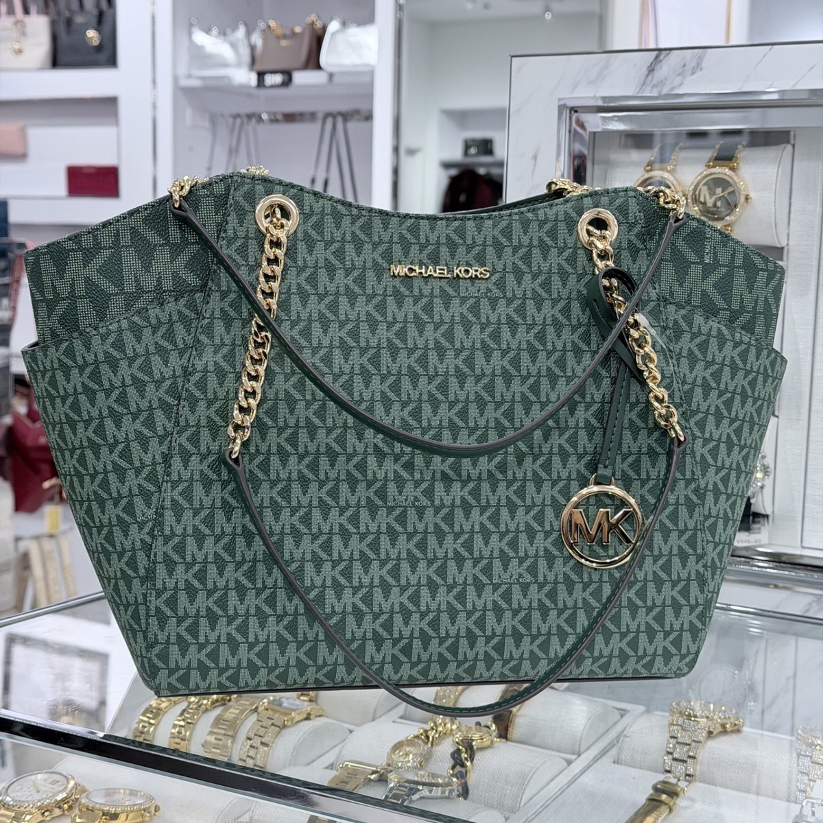 Michael Kors Jet Set Travel Large Chain Tote MK Signature Logo