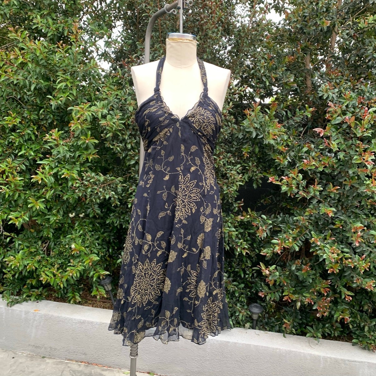 NWT BCBG Maxazria Black Gold Floral Layered Silk Chiffon