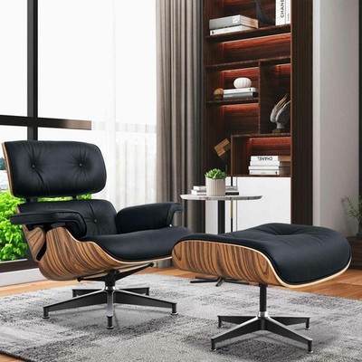 Black Eams Style Lounge Chair and Ottoman Set Top-grain Leather Armchair