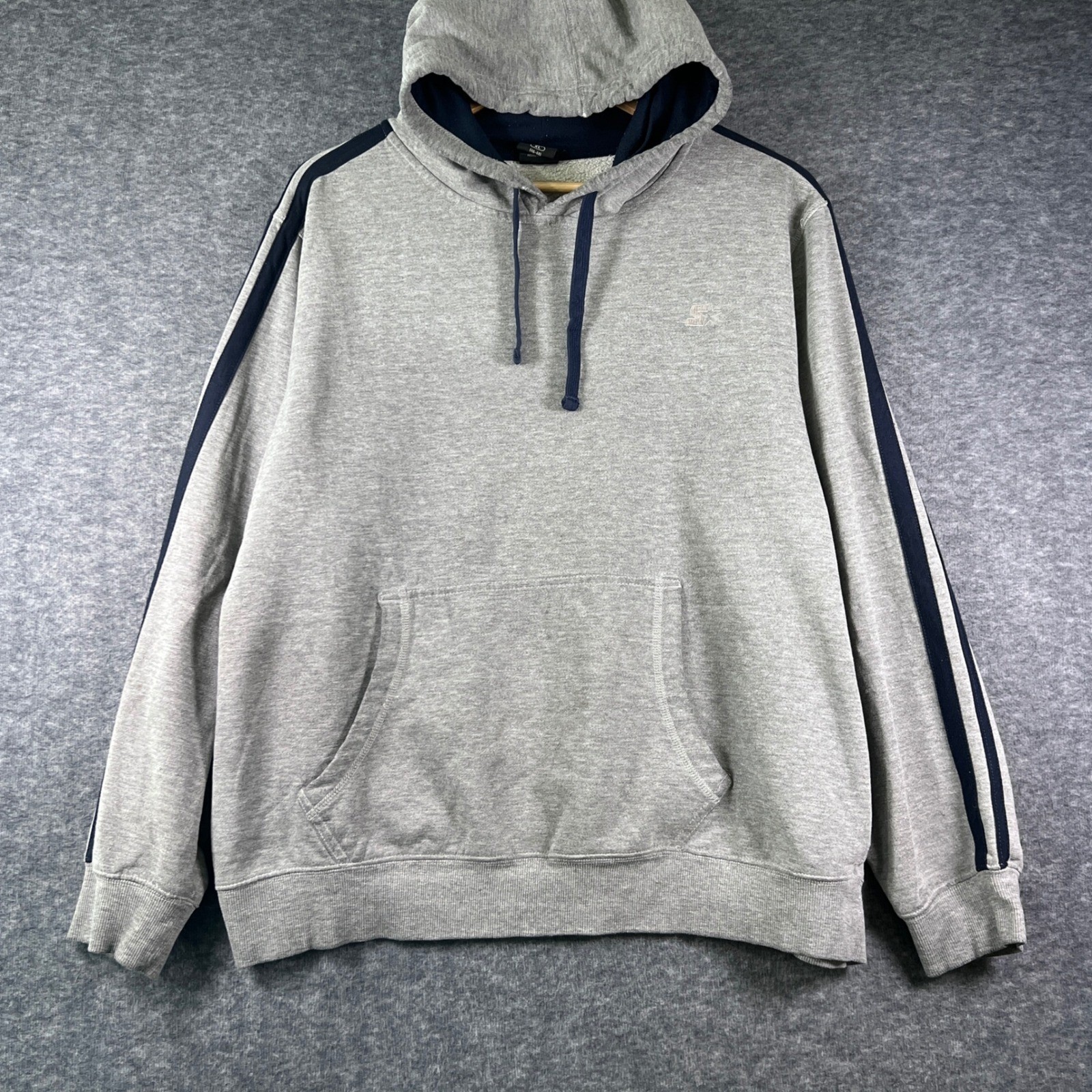Vintage Starter Mens Hoodie Gray Navy Blue Sleeve Stripes Pullover Sweatshirt XL