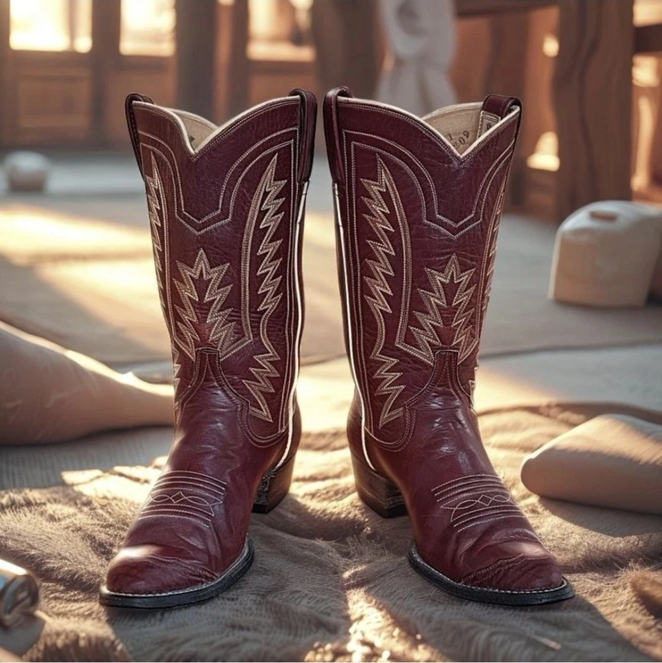 Botas femininas vintage 1970 Larry Mahan couro vermelho escuro cowboy faroeste tamanho 7M - Imagem 2 de 4