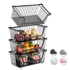 4 Pcs Stackable Wire Baskets Pantry Organizers and Storage Bins Black Breathable