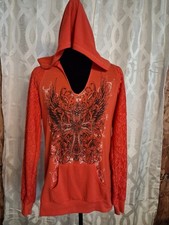 Ransom L Orange Hooded Pullover Lace Sleeve Graphic Print V Neck Long Sleeve
