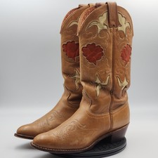 Vtg 1980s Texas Brand Leather Poppy Flower Inlay Cowboy Boots Womens Size 7M USA