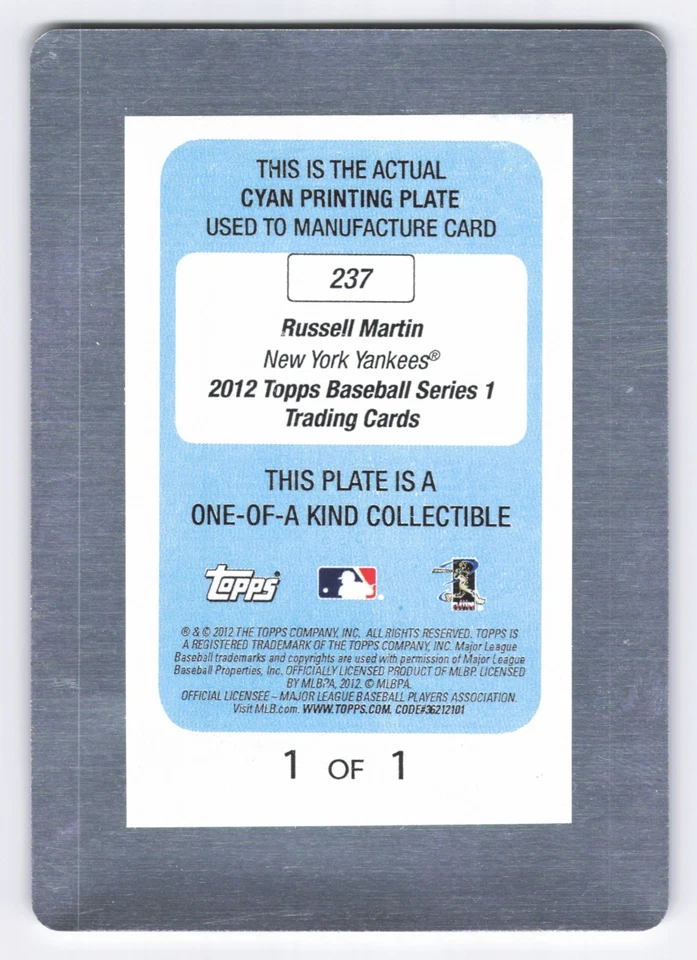 2012 Topps голубая печатная пластина Рассел Мартин #237 1/1 - New York Yankees - Изображение 2 из 2