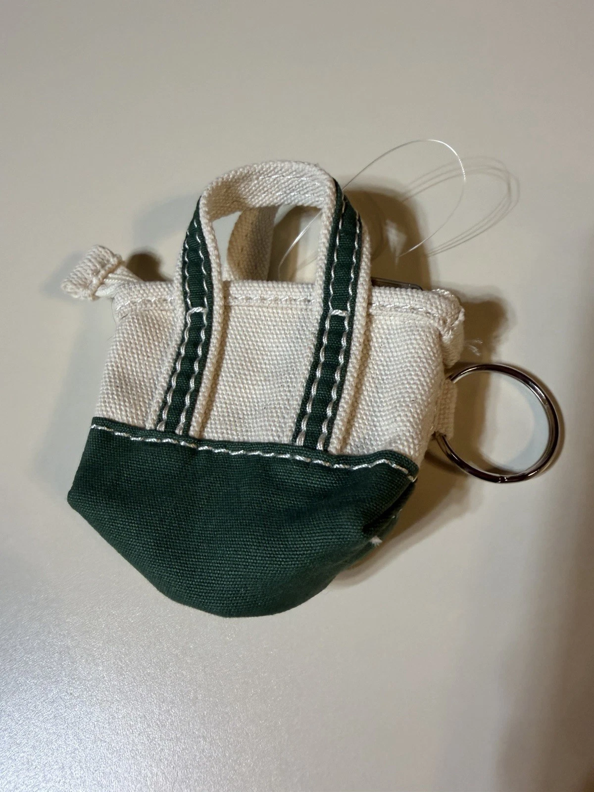 Vtg LL Bean Mini Boat & Tote Bag Keychain Keyring Green Cream Canvas Zip Top