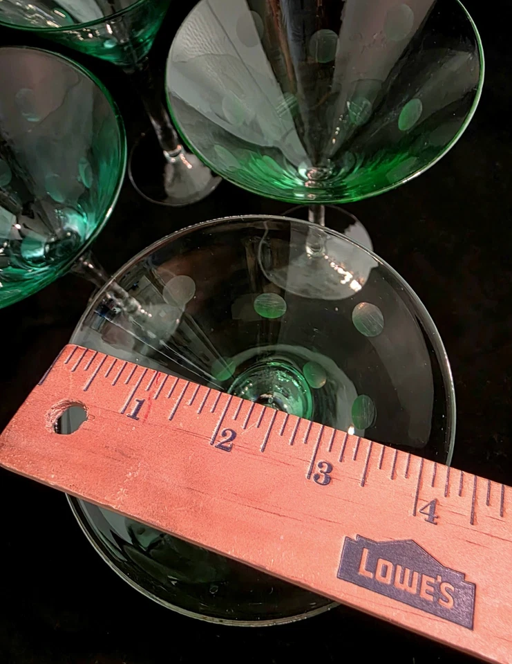(141) Juego de 6 vasos de Martini verdes soplados a mano vintage con lunares grabados Foto 4 de 4