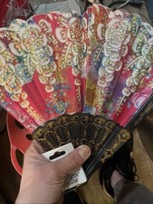 GII Foldable Folding Hand Held Fan Pink Black Floral Glitter Fabric