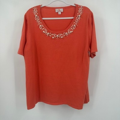Quacker Factory Womens Pearl Embellished Top Size XL Coral Bright Modest
