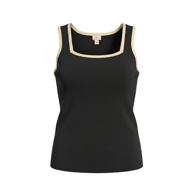Ann Taylor LOFT Black Ribbed Square Neck Tank Top with Contrast Trim