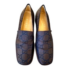 Gucci Logo Monogram Satin Canvas Brown Black Authentic Size IT 37C US 7 Loafers