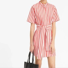 Everlane The Cotton Collarless Belted Striped Shirtdress In Red Orange Size 4