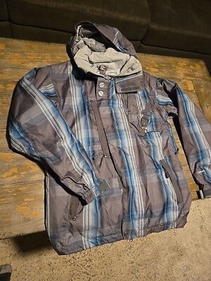 686 Smarty Jacket Mens S Gray/ Blue Plaid Hooded  Windbreaker Snowboard Jacket