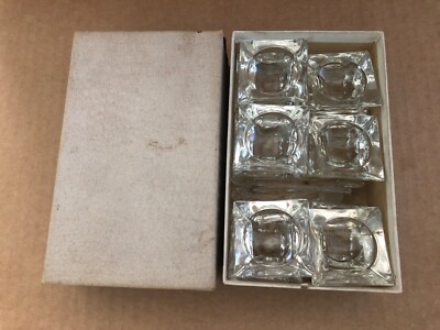 Vintage Crystal Clear Glass SQUARE Open Salt Dips & Sea Shell Spoons w/ Box12pc